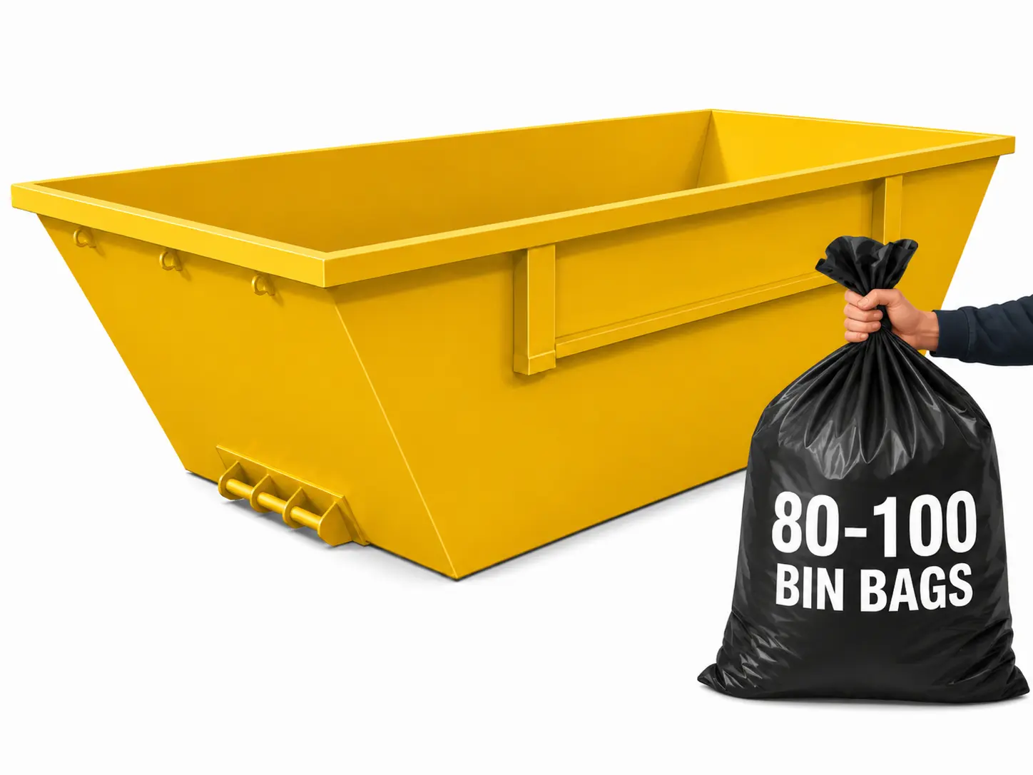 10 yard skip, holds roughly 80 to 100 bin bags