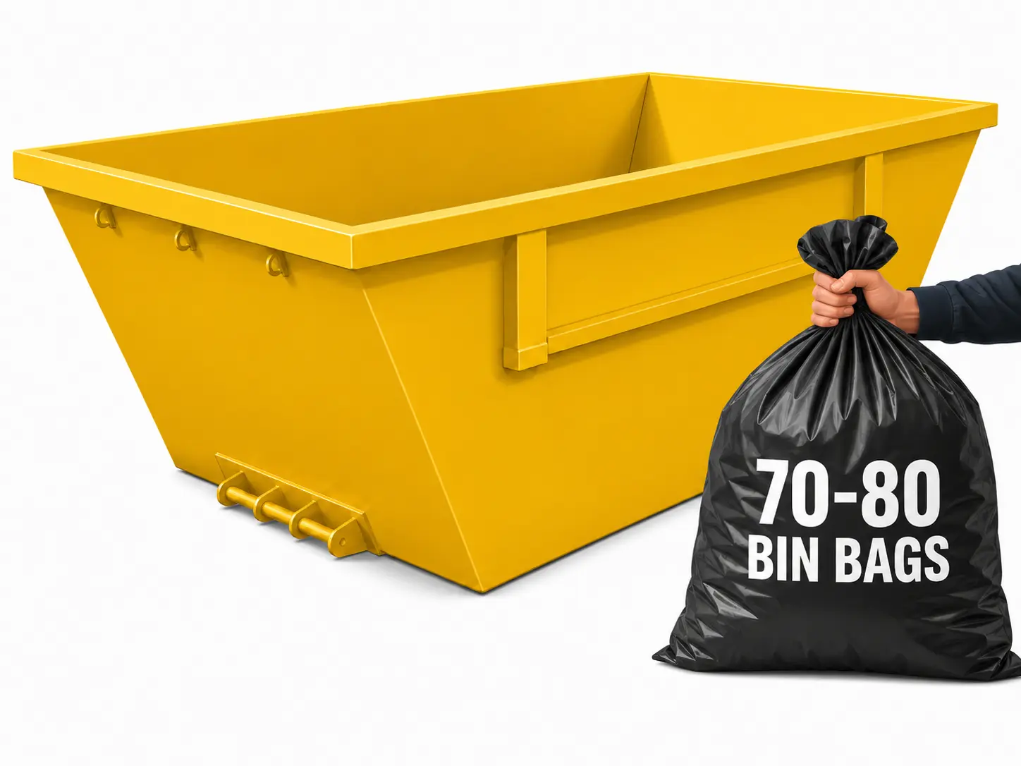 8 yard builders skip, holds roughly 70 to 80 bin bags
